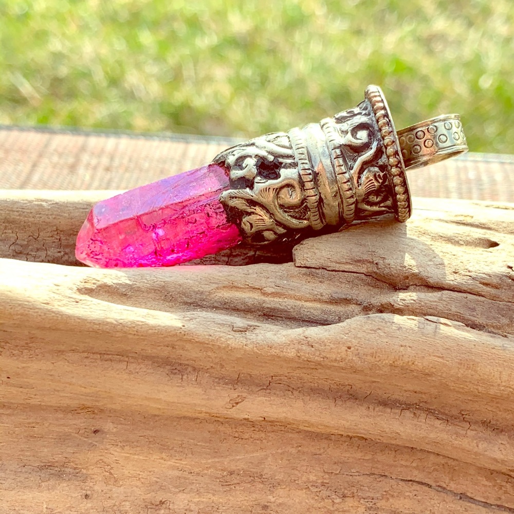 Pink Quartz Crystal point Tibetan pendant